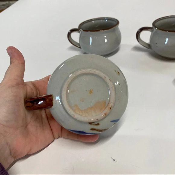 Hand painted Artisan Coffee Mugs Blue Floral Small Set of 4 - Picture 5 of 7